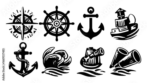 Nautical Symbols Set Featuring Compass, Wheel, Anchor, and Ship Icons