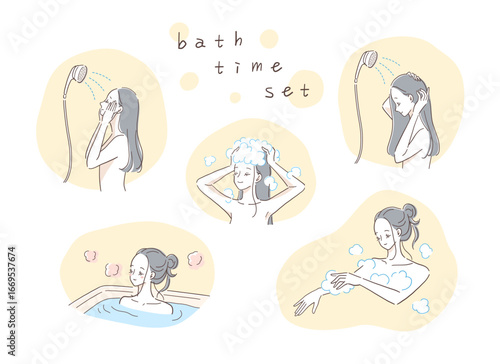 お風呂に入る女性のイラストセット
