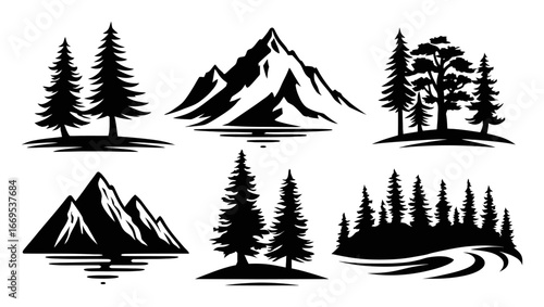 Scenic Black and White Mountain and Forest Silhouettes for Design