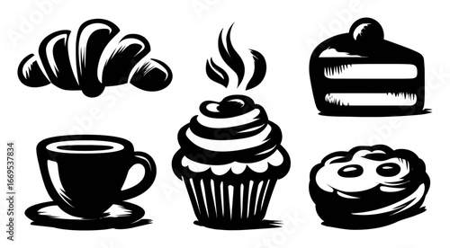 Delicious Bakery Treats and Beverages in Black and White Illustration