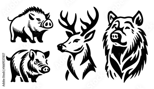 Artistic Black and White Illustrations of Forest Animals in Vector Style