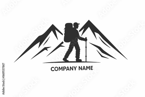 Trekkers Silhouette Logo Design With Mountain Peaks On White Background Icon