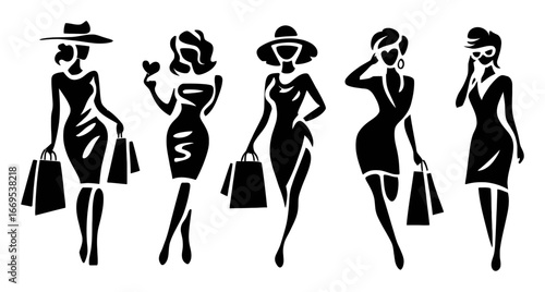 Stylish Silhouettes of Fashionable Women Shopping with Bags in Hand