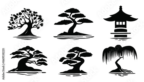 Black and White Botanical Illustrations of Various Trees and a Pagoda
