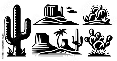 Black and White Illustrations of Desert Landscapes with Cacti and Mountains