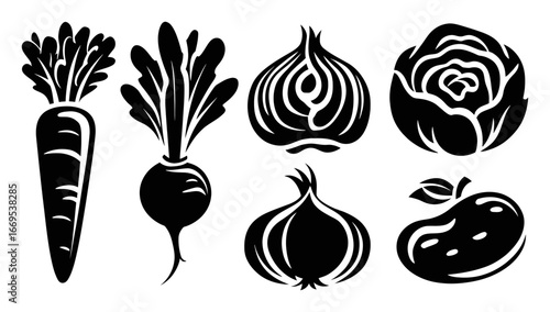 Black and White Vegetable Illustrations of Carrot, Onion, Beet, and More