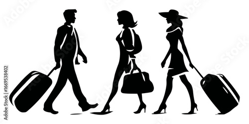 Stylish Travelers Walking with Luggage in Silhouette Against White Background