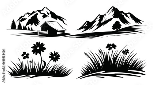 Black and White Silhouettes of Mountains, House, Flowers, and Grass