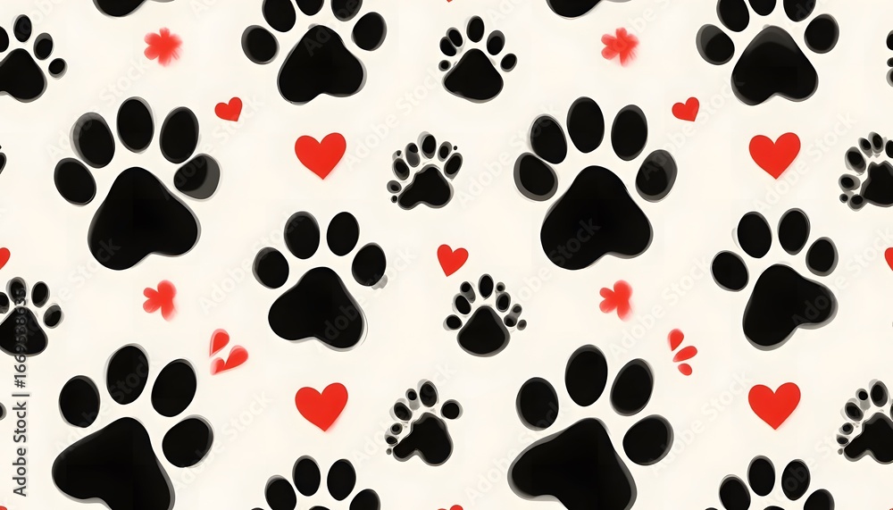 Fototapeta premium Seamless pattern of black dog paw prints and red hearts