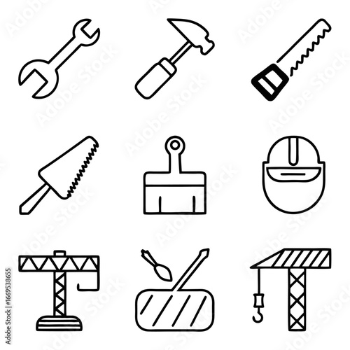 Set of black outline icons of construction tools and equipment