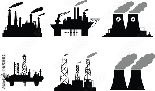 Industrial factory silhouettes with smoke stacks, oil rigs, power plants, pollution, energy production, industrial buildings, manufacturing, fossil fuel, energy infrastructure, industrial complexes
