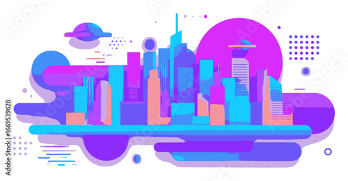 Colorful Vector City Skyline Illustration with Abstract Background Elements