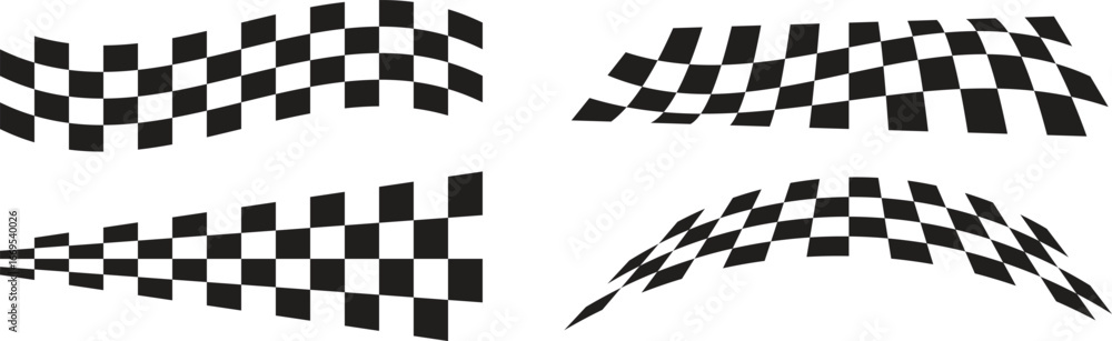 Fototapeta premium Black and white racing flag wave vector set, ideal for motorsport banners, car graphics, and speed event design. Dynamic checkered flag shapes in motion effect. High-quality abstract background.