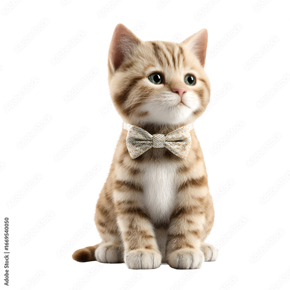 Obraz premium Adorable tabby kitten wearing a bow tie sitting attentively with a curious expression isolated on transparent background