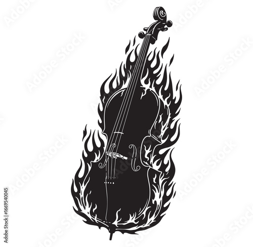 Dramatic illustration of a cello encircled by flames representing musical intensity