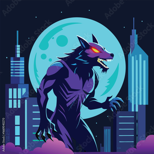 Halloween t-shirt vector art of a fierce purple werewolf with glowing eyes stands tall against a bright full moon in a city at night