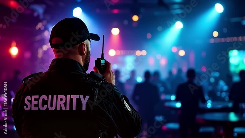 Security Guard Monitoring Nightclub Crowd with Walkie Talkie
