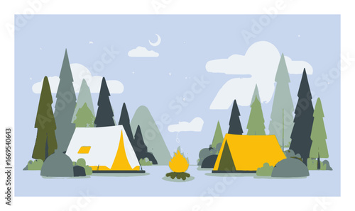 Cartoon Flat Illustration of Camping Scene with Tents and Nature Elements