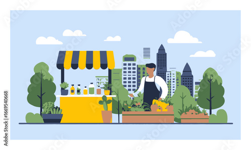 Bright Flat Cartoon Market Scene with Vendor and Urban Background