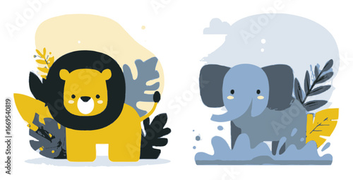 Colorful Cartoon Lion and Elephant Characters in Flat Design Style