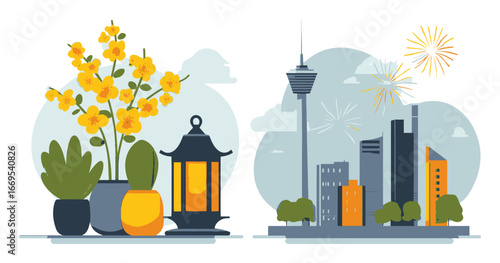 Vibrant Flat Cartoon Style of Cityscape and Floral Elements with Lantern