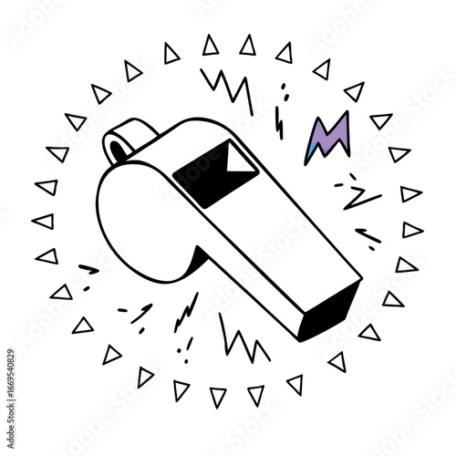 A black and white illustration of a referee whistle surrounded by triangles and abstract shapes