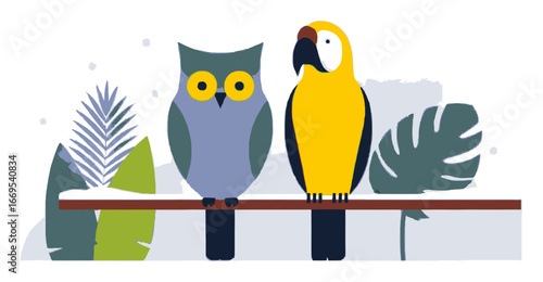 Colorful Cartoon Birds on a Branch Surrounded by Tropical Foliage