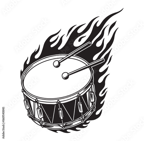 Dynamic monochrome illustration of a drum with flames and drumsticks representing music and passion