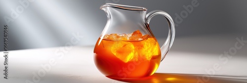 Glass pitcher with iced tea glowing in sunlight on white surface