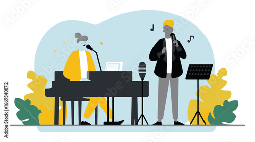 Cartoon Musicians Performing in Flat Style with Instruments and Microphones