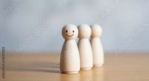 Three wooden peg figures in a row with one smiling