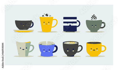 Cute Cartoon Coffee Cups with Smiling Faces and Unique Designs