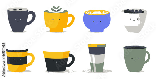 Cute Cartoon Coffee Mugs Collection with Smiling Faces and Colors