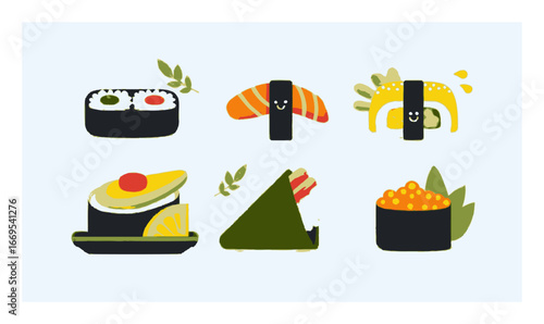 Fun Cartoon Sushi Collection with Smiling Faces and Vibrant Colors