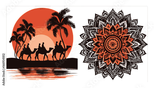 Sunset Journey with Camels and Intricate Mandala Illustration