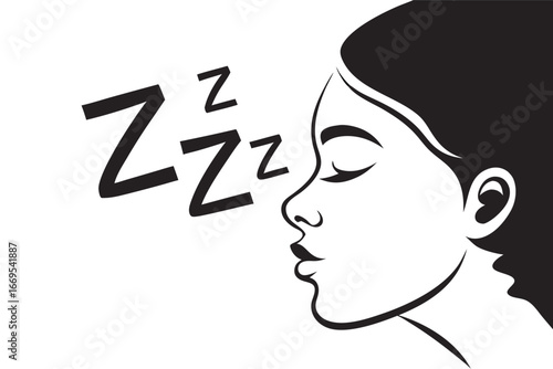 Sleeping Woman Portrait with Zzz Symbols on White Background