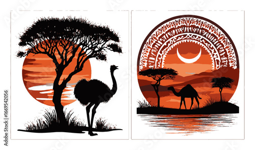 Abstract Sunset Illustration with Silhouettes of Ostrich and Camel