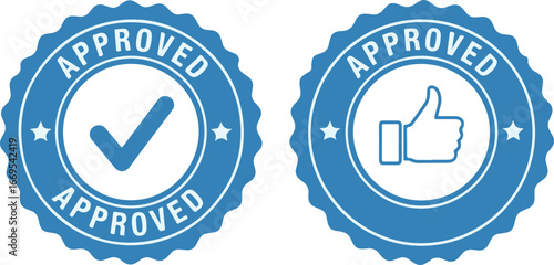 Set of Two Blue Approved Vector Badges with Checkmark and Thumbs Up Icons Isolated