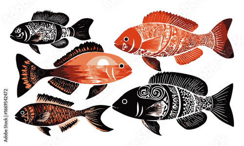 Colorful Abstract Illustration of Stylized Fish in Various Designs