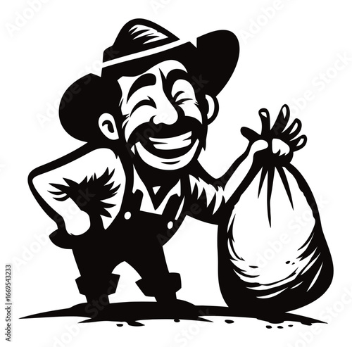 Happy Farmer with a Bag Smiling in a Vintage Style Illustration
