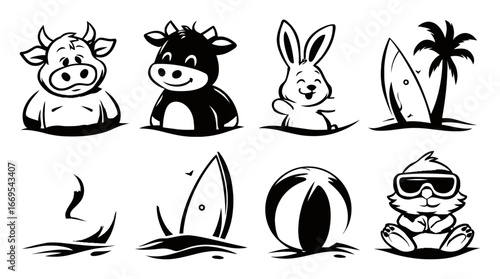 Fun Animal Icons with Surfboards and Beach Elements for Summer Vibes