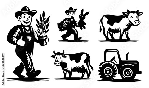 Vintage Style Farmer Graphics with Tractor, Cow, and Rabbit Illustrations