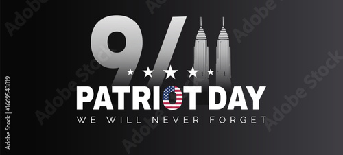 USA Patriot Day banner with American flag and lettering. Vector illustration. Day of remembering, September 11