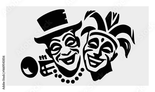 Black and White Artwork of Two Playful Clowns with Cheerful Expressions