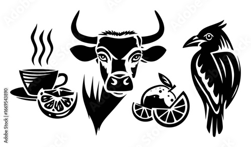 Black and White Illustration of Cow, Coffee, Fruit, and Bird Designs