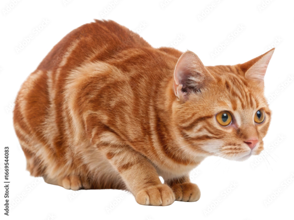 Fototapeta premium A playful american shorthair cat crouched alert with amber eyes ready to pounce conveying curious energy and warm orange fur