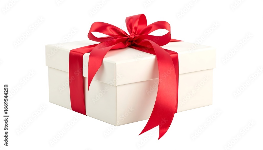 Fototapeta premium Elegant white gift box adorned with a vibrant red satin ribbon and bow on a clean white background.
