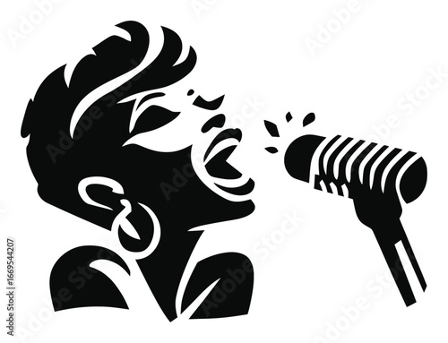 Stylish Silhouette of a Woman Singing into a Microphone in Black and White