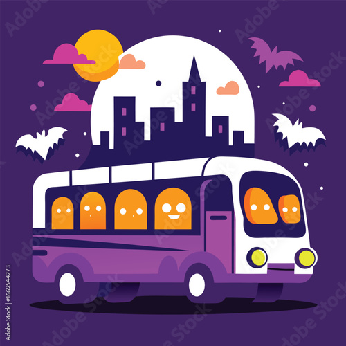 t-shirt vector art of halloween bus with ghost passengers driving through a city at night under a full moon with bats