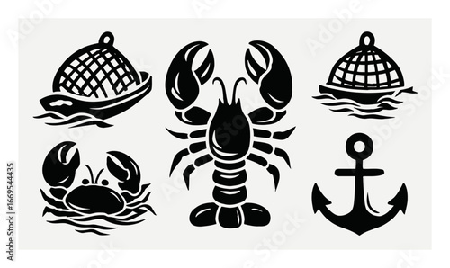Lobster and Crab Silhouettes with Fishing Gear and Nautical Elements